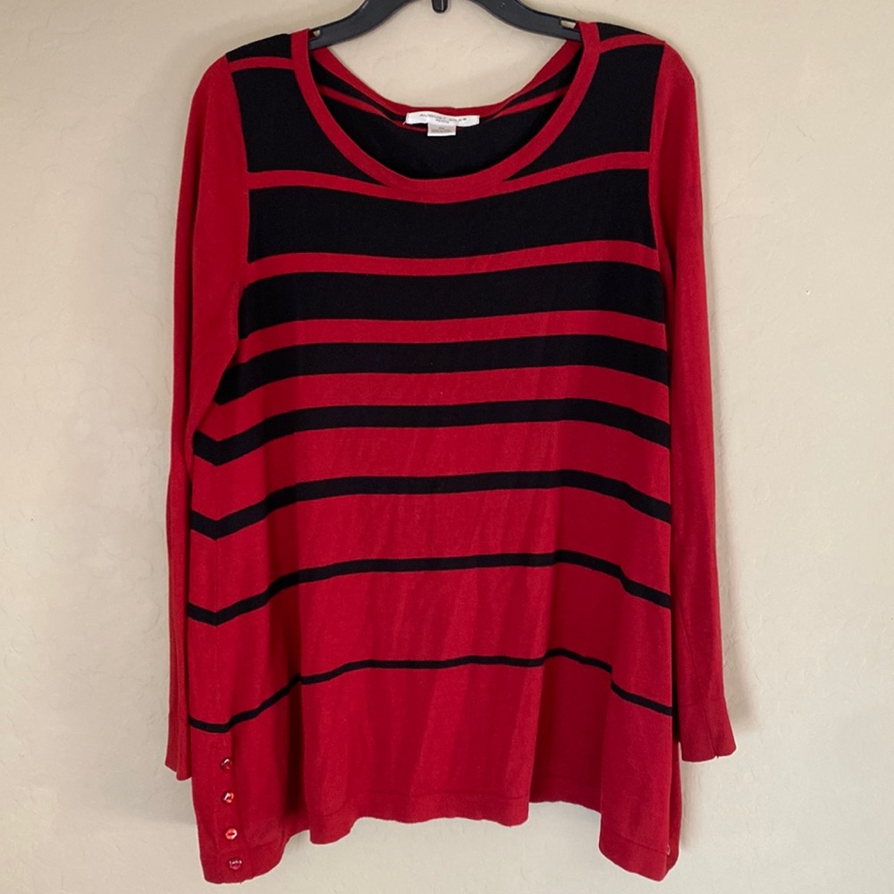 August Silk petite, medium petite, red and black striped sweater